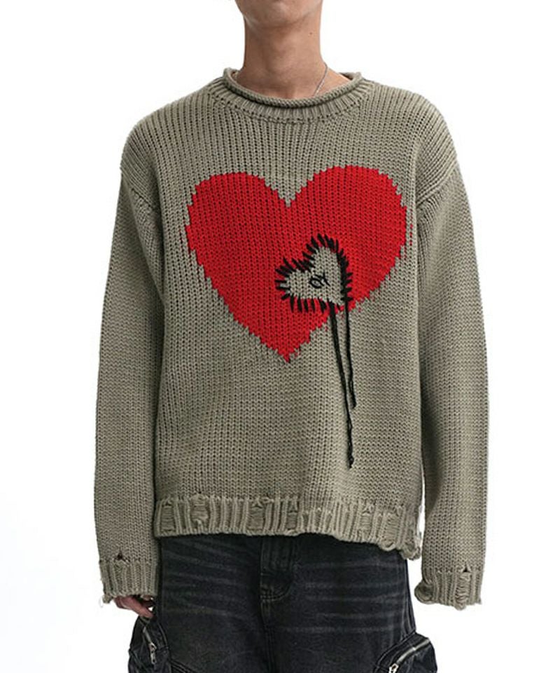 オーワイ　OY 現行モデル　ニット ハートステッチデザイン　セーター　ベージュ OY/オーワイ』 HEART STICH DESTOYED KNIT/ハートステッチデザイン